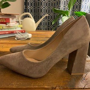 Faux Suede Pumps - Block Heel - Gray